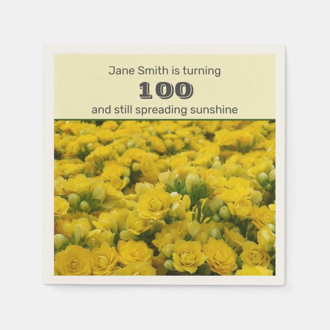 100th Birthday Party Yellow Flowers Celebration Napkins (Front)