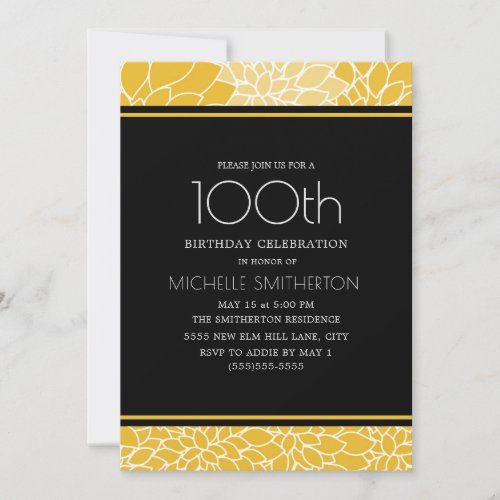 100th Birthday Party Yellow White Black Floral Invitation