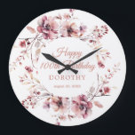 100th Birthday Personalized Burgundy Pink Floral Large Clock<br><div class="desc">A personalized wall clock is a great birthday gift idea for a 100th birthday gift. The birthday celebrant can celebrate their birthday and add a pretty touch to your decor with this personalized burgundy and dusty pink floral wall clock. An elegant watercolor wreath decorates the front and back. Four lines...</div>