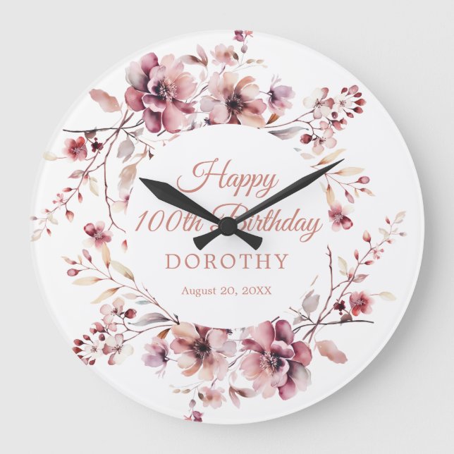 100th Birthday Personalized Burgundy Pink Floral Large Clock (Front)