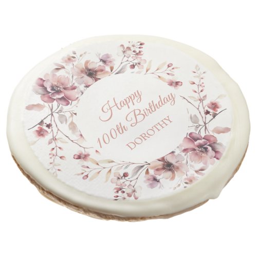 100th Birthday Personalized Burgundy Pink Floral Sugar Cookie