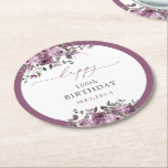 100th Birthday Personalized Elegant Purple Flower Round Paper Coaster<br><div class="desc">100th Birthday Personalized Elegant Purple Flower Round Paper Coaster. Most lettering is editable - click the "Customize Further" button to edit. Matching items are available.</div>