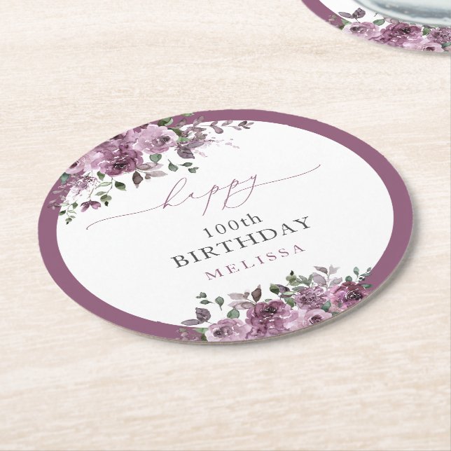100th Birthday Personalized Elegant Purple Flower Round Paper Coaster (Angled)