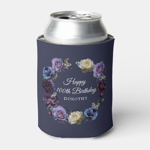 100th Birthday Personalized Moody Purple Flower Can Cooler