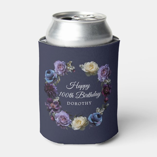 100th Birthday Personalized Moody Purple Flower Can Cooler (Can Front)