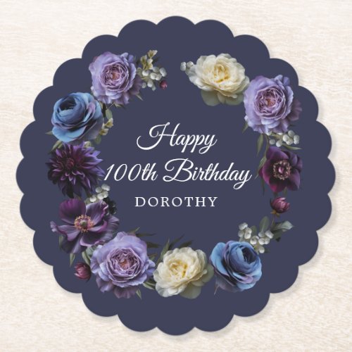 100th Birthday Personalized Moody Purple Flower  Paper Coaster