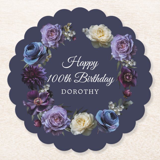 100th Birthday Personalized Moody Purple Flower  Paper Coaster (Front)