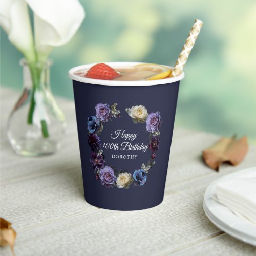 100th Birthday Personalized Moody Purple Flower Paper Cups
