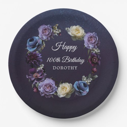 100th Birthday Personalized Moody Purple Flower Paper Plates