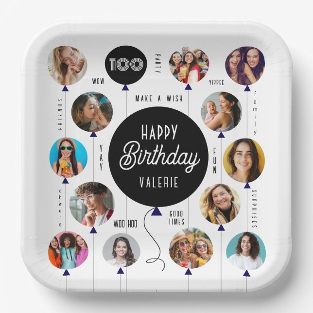 100th Birthday Photo Balloons Paper Plates (Front)