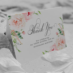 100th Birthday Photo Blush Pink Floral Folded Letterpress Thank You Card