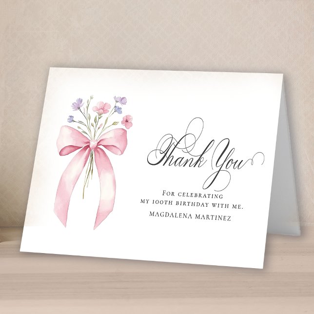 100th Birthday Photo Blush Pink Floral Folded Thank You Card (Creator Uploaded)