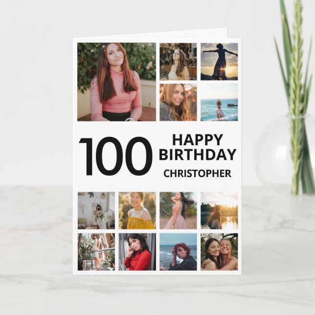 100th Birthday Photo Collage 13 Photos Black White Card (Front)