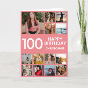 100th Birthday Photo Collage 13 Photos Pink & Whit Card