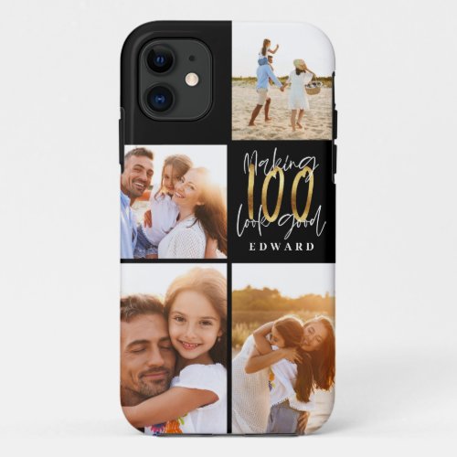 100th birthday photo collage black gold typography iPhone 11 case