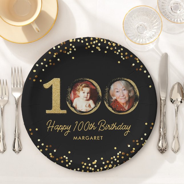 100th Birthday Photo Elegant Black Gold Glitter Paper Plates (Creator Uploaded)
