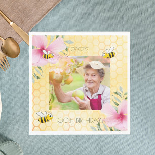 100th birthday photo Happy bumble bees honeycomb Napkins