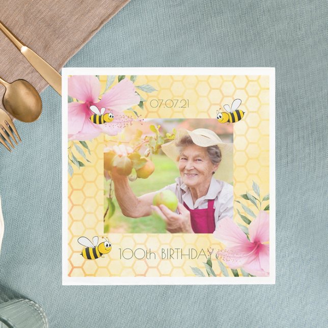 100th birthday photo Happy bumble bees honeycomb Napkins (Creator Uploaded)