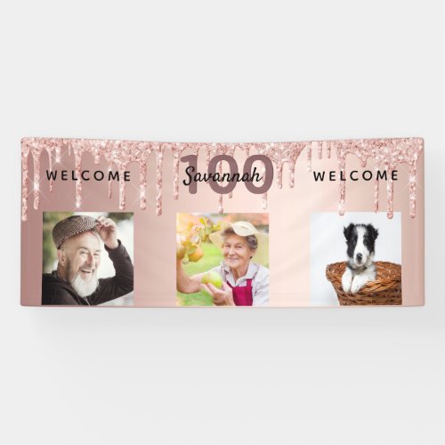 100th birthday photo rose gold glitter sparkle banner