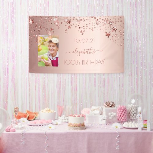 100th birthday photo rose gold pink glittery stars banner