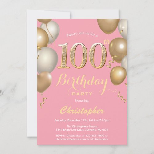 100th Birthday Pink and Gold Balloons Confetti Invitation