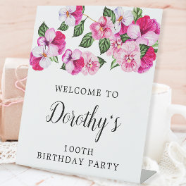 100th Birthday Pink and White Floral Pedestal Sign