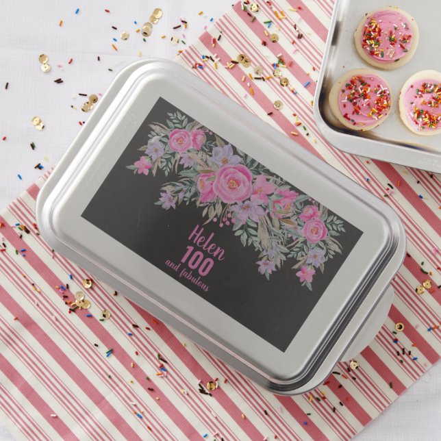 100th birthday pink black floral name  cake pan (In Situ)