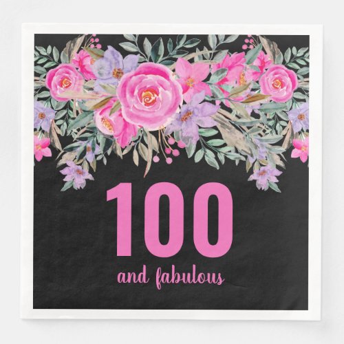 100th birthday pink black floral party napkins