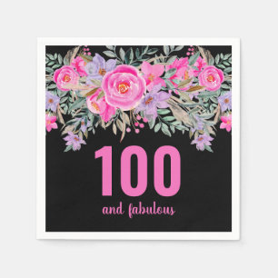 100th birthday pink black floral party napkins