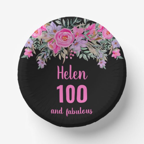 100th birthday pink black watercolor floral  paper bowls