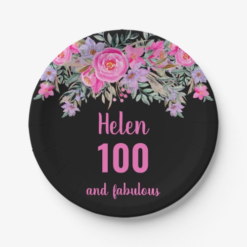 100th birthday pink black watercolor floral  paper plates