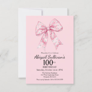 100th Birthday Pink Bow with Golf Ball Polka Dots Invitation