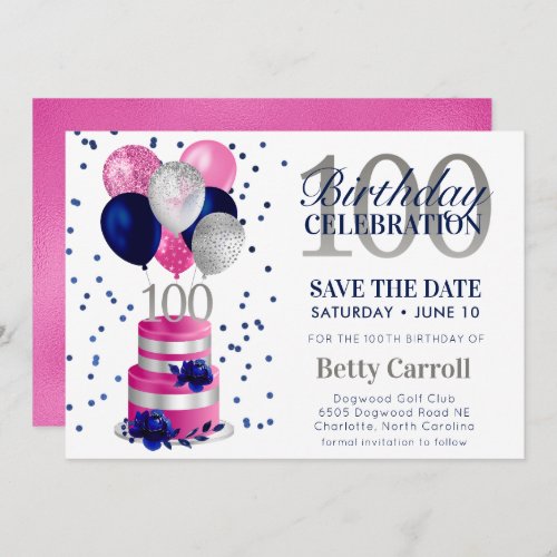 100th Birthday Pink Cake Save The Date Invitation