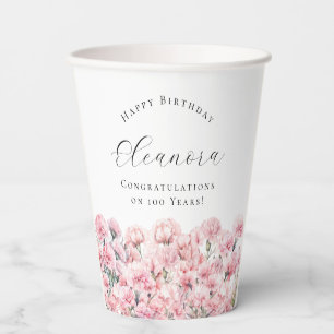 100th Birthday Pink Carnation January Birth Flower Paper Cups