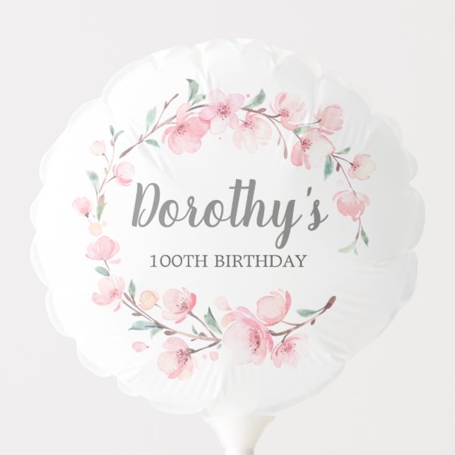 100th Birthday Pink Cherry Blossom Floral Balloon (Front)