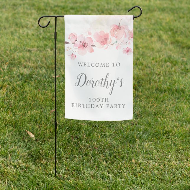 100th Birthday Pink Cherry Blossom Floral Garden Flag (In SItu)