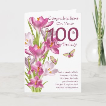 100th Birthday Pink Crocus And Butterfly Card by moonlake at Zazzle
