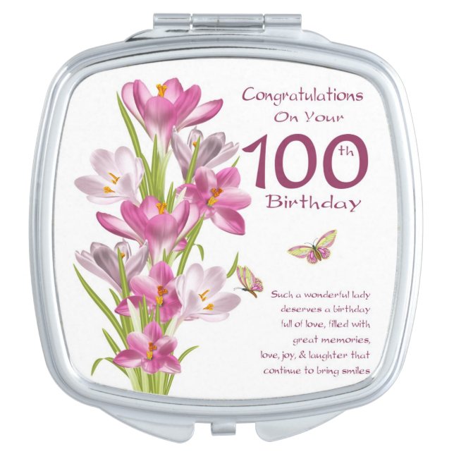 100th Birthday Pink Crocus Compact Mirror (Front)