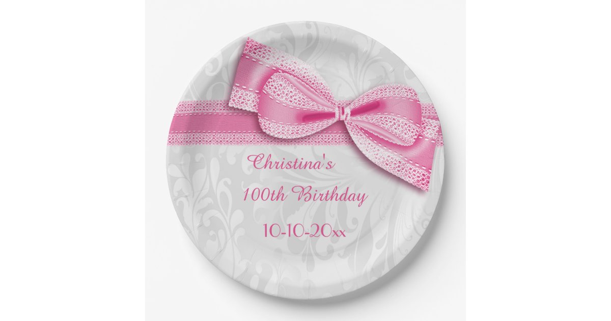 100th Birthday Pink Damask and Faux Bow Paper Plates | Zazzle