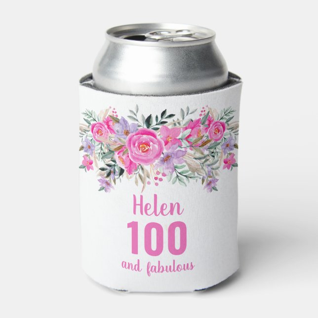 100th birthday pink floral can cooler (Can Front)
