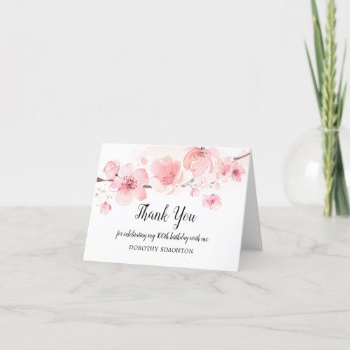 100th Birthday Pink Floral Cherry Blossom Thank You Card