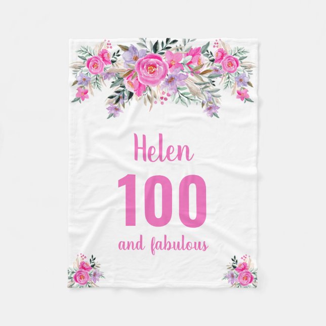 100th birthday pink floral fleece blanket (Front)