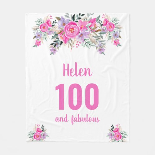 100th birthday pink floral fleece blanket