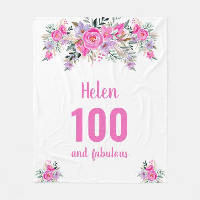 100th birthday pink floral fleece blanket (Front)