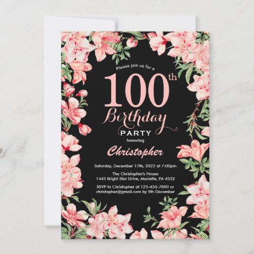 100th Birthday Pink Floral Flowers Black Backgroun Invitation