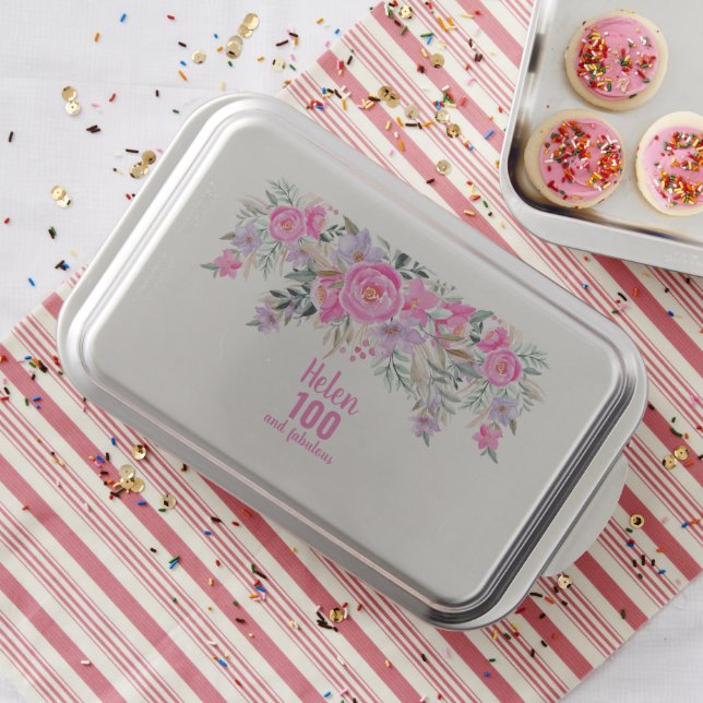 100th birthday pink floral name  cake pan (In Situ)