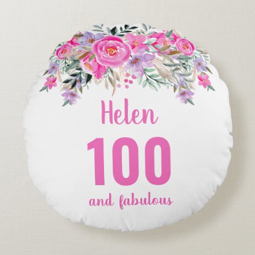 100th birthday pink floral  name round pillow