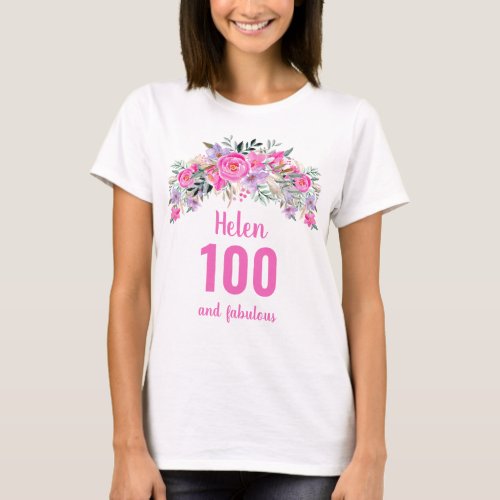 100th birthday pink floral name T_Shirt