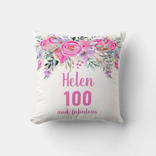 100th birthday pink floral name throw pillow