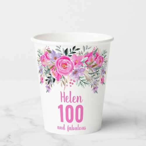 100th birthday pink floral paper cups